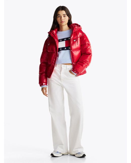 Tommy Hilfiger Red Shiny Hooded Puffer Jacket