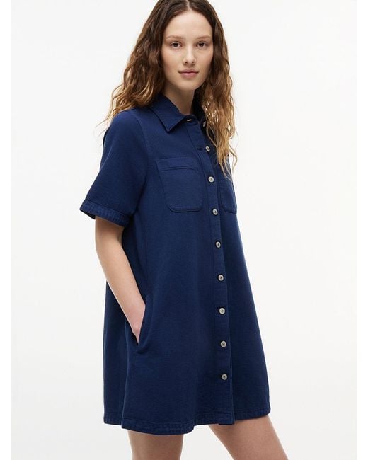 Tommy Hilfiger Blue Textured Twill A-Line Mini Shirt Dress