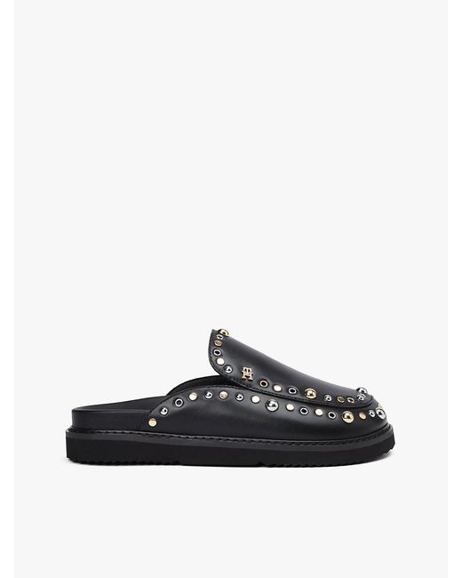 Tommy Hilfiger Black Th Monogram Stud Embellished Leather Mules