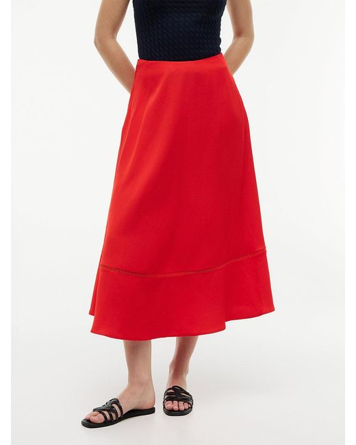 Tommy Hilfiger Red Logo Flare Midi Skirt With Linen