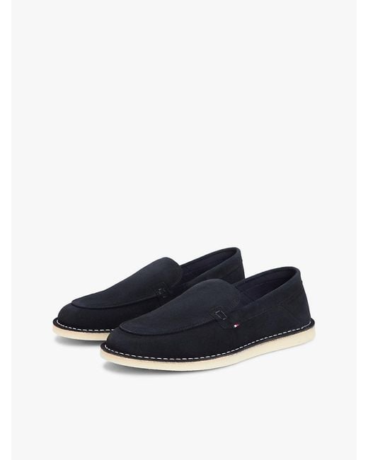 Tommy Hilfiger White Debossed Logo Topstitch Suede Loafers for men