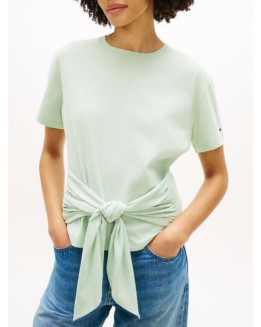 Tommy Hilfiger White Self-Tie Textured Relaxed Crew Neck T-Shirt