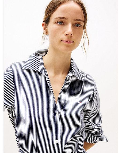 Tommy Hilfiger Gestreepte Poplin Midi-Overhemdjurk in het Blue