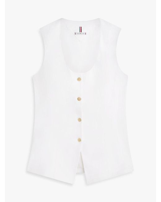 Tommy Hilfiger White Gold-tone Button Linen Blend Slim Waistcoat