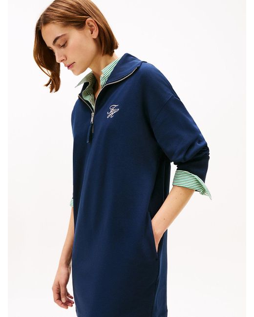 Tommy Hilfiger Blue Quarter-Zip Relaxed Mini Sweatshirt Dress