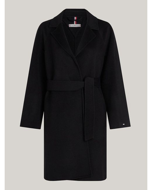 Tommy Hilfiger Black Double Faced Wool Blend Belted Coat