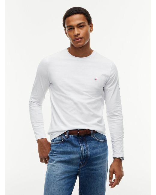 Tommy Hilfiger White Embroidered Logo Long Sleeve Tee for men