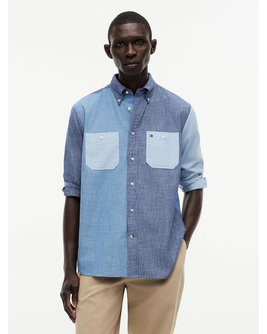 Tommy Hilfiger Blue Relaxed Fit Colour-Blocked Chambray Shirt for men