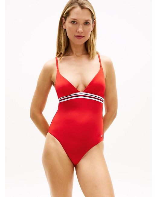 Tommy Hilfiger Red Global Stripe Plunge Triangle Swimsuit