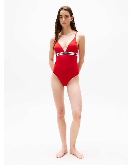 Tommy Hilfiger Red Global Stripe Plunge Neck Swimsuit