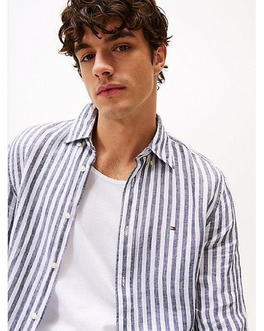 Tommy Hilfiger Regular Fit Gestreept Linnen Overhemd in het White voor heren
