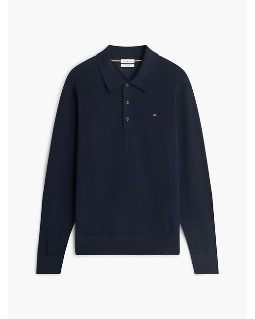 Tommy Hilfiger Blue Cotton Cashmere Long Sleeve Pullover Sweater Polo for men