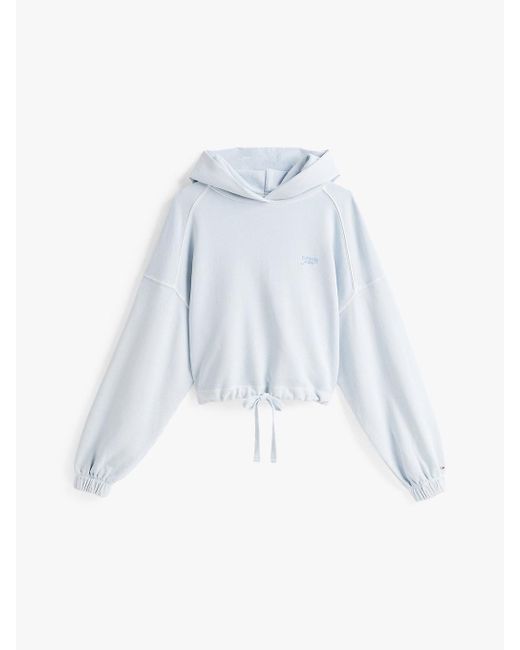 Tommy Hilfiger White Medium Weight Cropped Hoodies With Front Tie Detail Hooded Sweatshirt