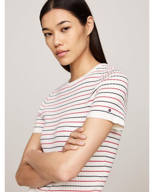 Tommy Hilfiger White Stripe Slim Short Sleeve Jumper