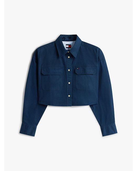 Tommy Hilfiger Blue Oversized Fit Twill Cropped Utility Shirt