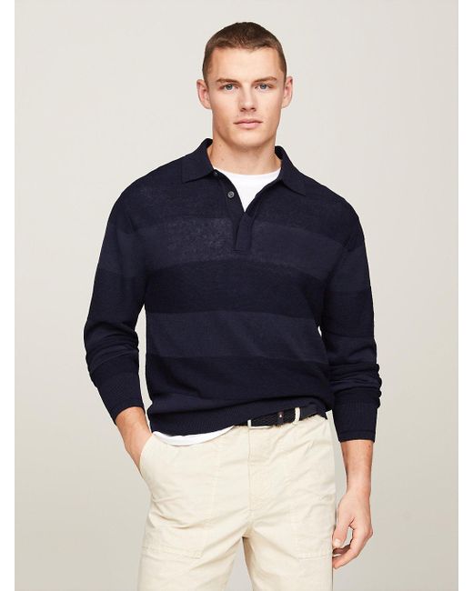 Tommy Hilfiger Blue Premium Relaxed Knit Stripe Rugby Shirt for men