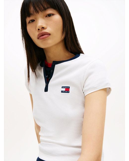 Tommy Hilfiger White Tommy Badge Henley Ribbed Slim T-Shirt