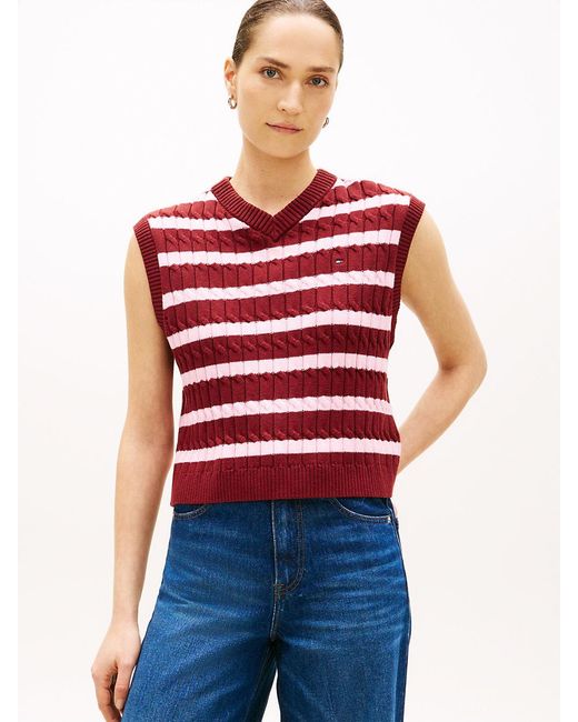Tommy Hilfiger Red Cable Knit V-Neck Sweater Vest