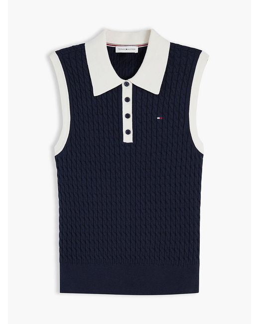 Tommy Hilfiger Blue Cable Knit Slim Sleeveless Polo Jumper