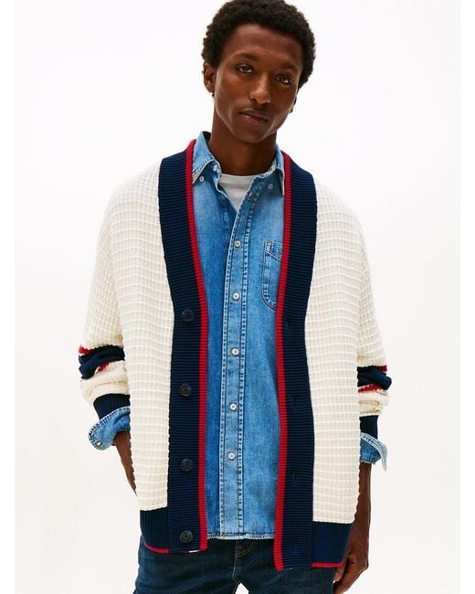 Tommy Hilfiger Blue Colour-blocked Relaxed Letterman Cardigan for men