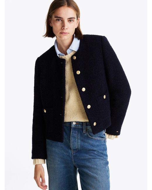 Tommy Hilfiger Blue Wool Blend Bouclé Cropped Jacket