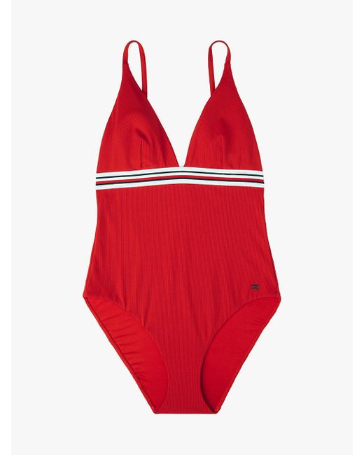 Tommy Hilfiger Red Global Stripe Plunge Neck Swimsuit