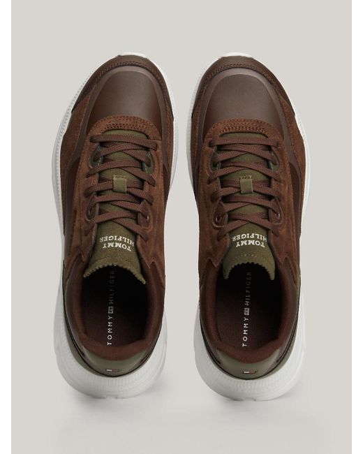 Tommy Hilfiger Brown Leather Mixed Texture Runner Trainers for men