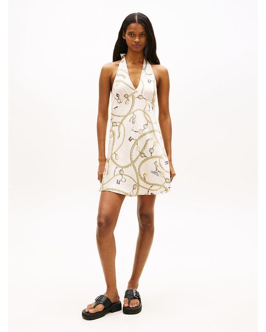 Tommy Hilfiger Natural Chain Print Halterneck Slim Mini Dress