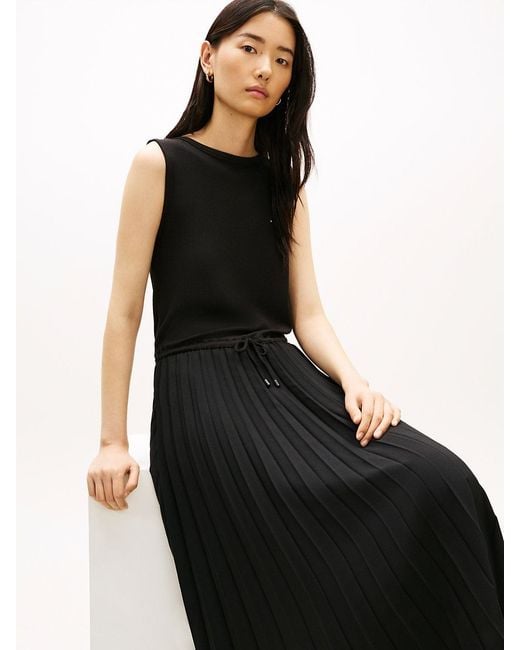 Tommy Hilfiger Black Pleated Sleeveless Slim Midi Dress
