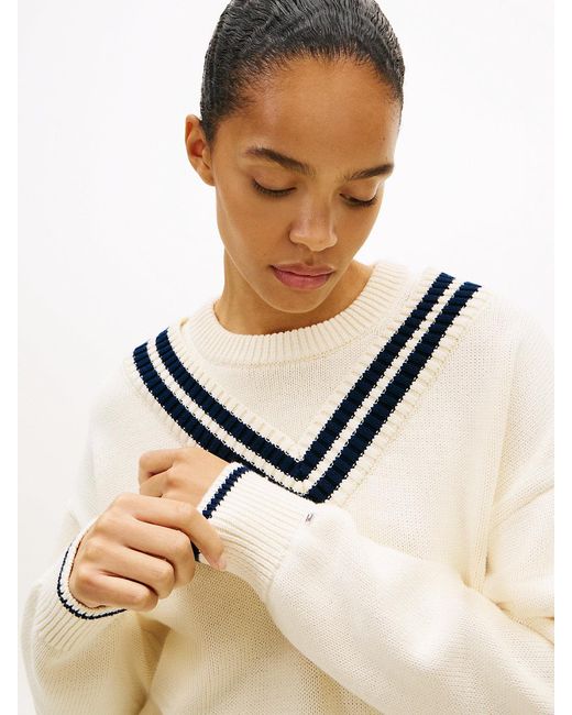 Tommy Hilfiger Natural Double Layered Crew Neck Relaxed Cricket Jumper