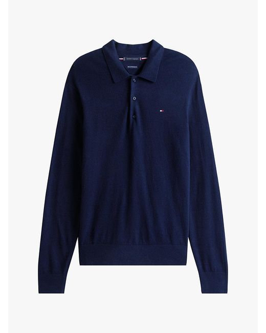 Tommy Hilfiger Blue Cotton Cashmere Long Sleeve Pullover Sweater Polo for men