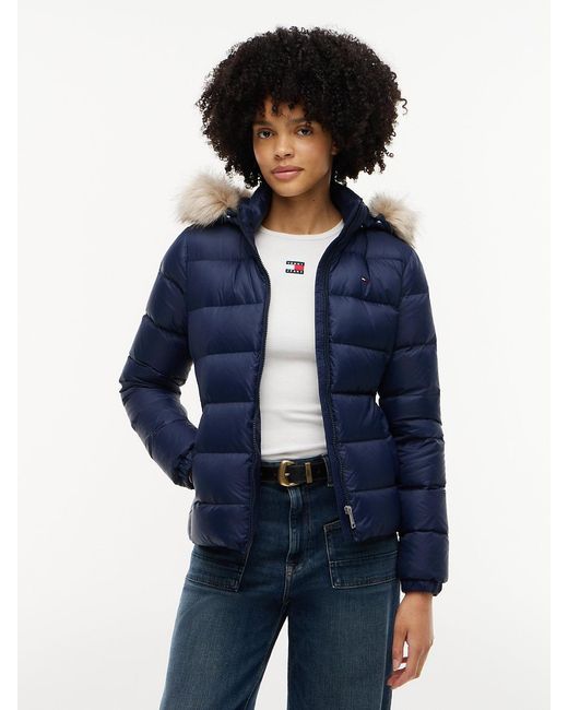 Tommy Hilfiger Blue Faux Fur Hood Slim Down Jacket