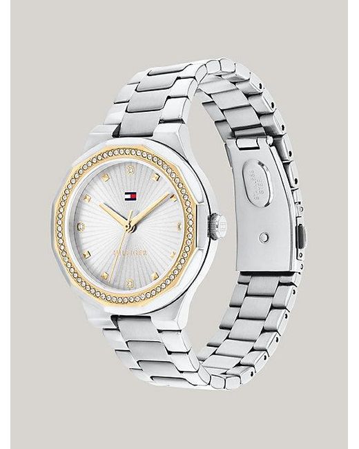 Tommy Hilfiger White Kristallverzierte Armbanduhr aus Edelstahl