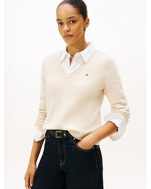 Tommy Hilfiger Trui Van Zachte Wol Met V-Hals in het White