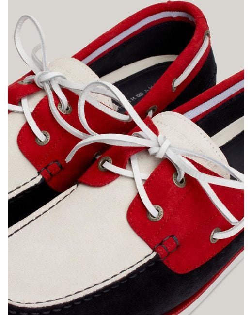 Tommy Hilfiger Red Suede Colour-blocked Boat Shoes for men