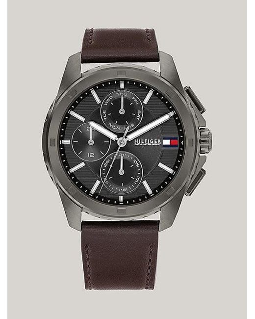 Tommy Hilfiger Lederarmband-Uhr Mit Gunmetal-Grauen Details in Gray für Herren