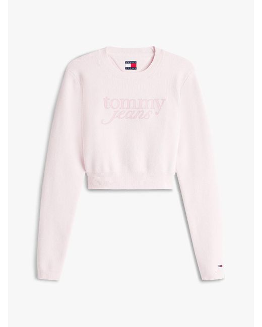 Pull Court Ajusté En Maille Chenille À Logo Tommy Hilfiger en coloris White