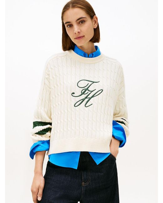 Tommy Hilfiger White Logo Embroidery Relaxed Cable Knit Jumper
