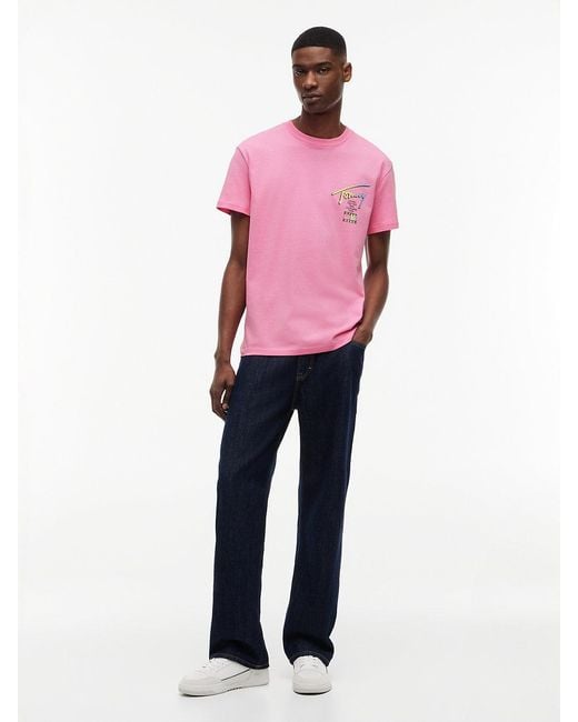 Tommy Hilfiger Pink Signature Logo Crew Neck T-Shirt for men