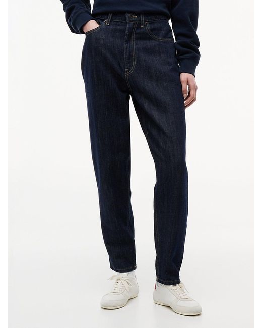 Tommy Hilfiger Blue Ultra High Rise Tapered Mom Jeans With Linen