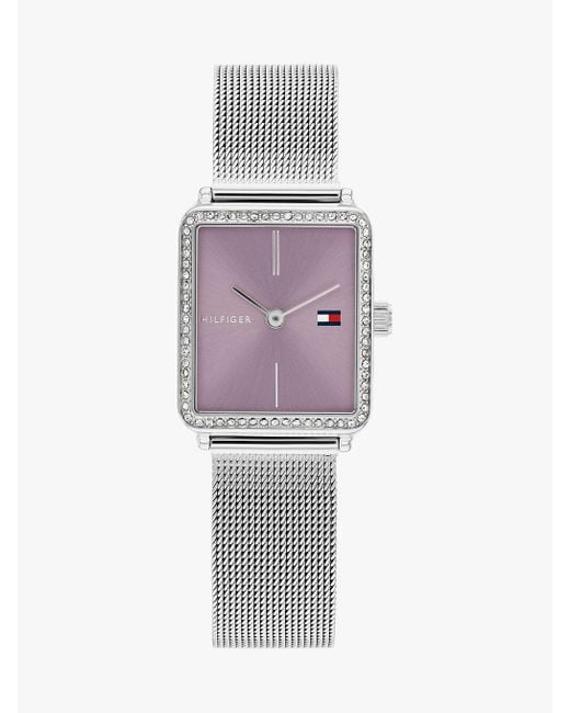 Tommy Hilfiger Metallic Lavender Dial Crystal-embellished Mesh Strap Watch