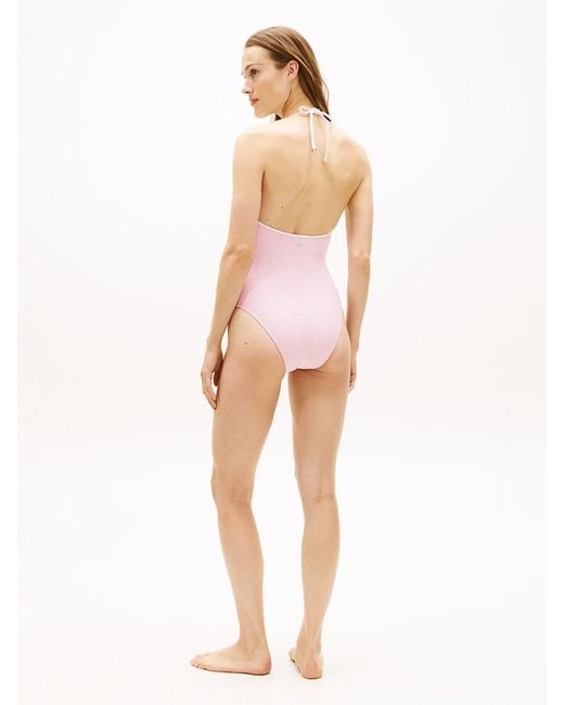 Tommy Hilfiger Pink Seersucker Logo Embroidery Halterneck Swimsuit