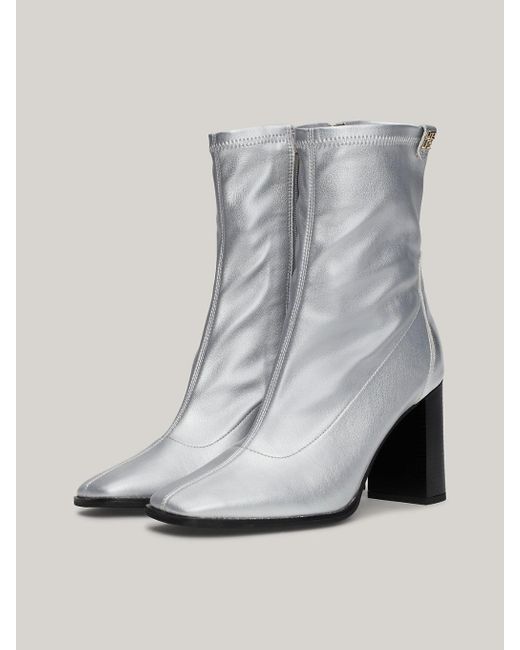 Tommy Hilfiger White Metallic Leather Heel Sock Boots