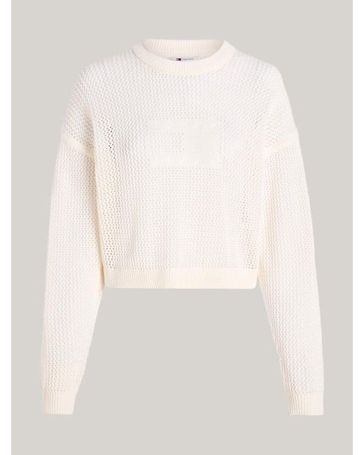 Tommy Hilfiger White Open Knit Logo Relaxed Fit Jumper