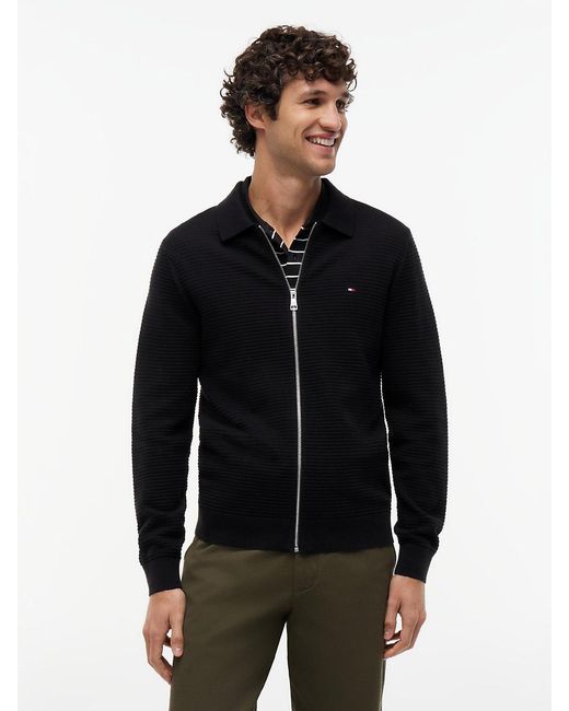 Tommy Hilfiger Black Textured Knit Zip-Thru Polo Cardigan for men