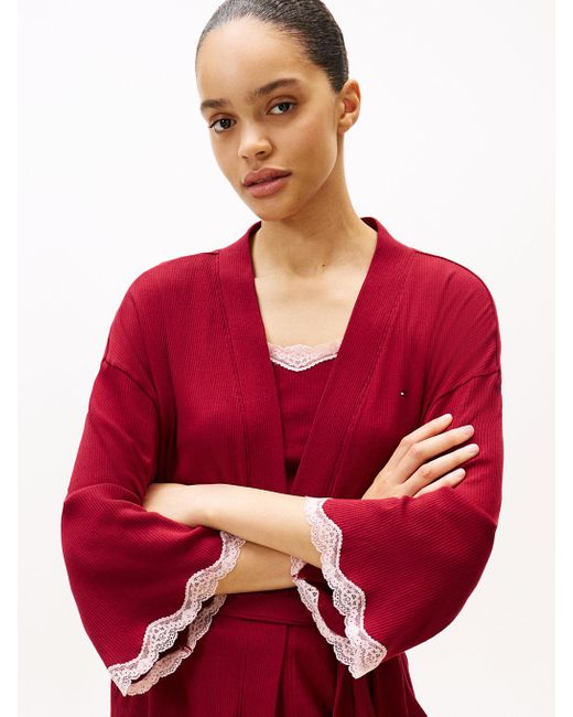 Tommy Hilfiger Red Essential Ribbed Lace Trim Robe