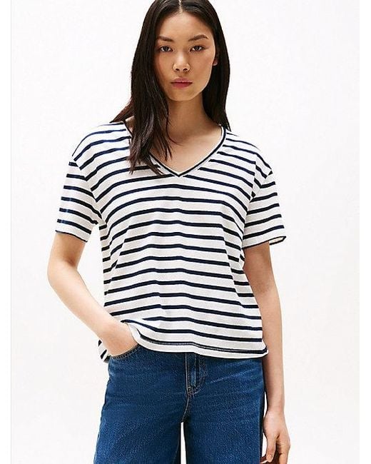 Tommy Hilfiger Relaxed Fit Linnen T-Shirt Met V-Hals in het Blue