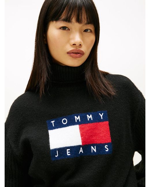 Tommy Hilfiger Black Tommy Flag Intarsia Relaxed Turtleneck Jumper