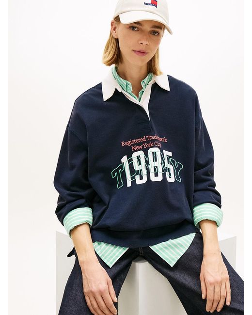 Tommy Hilfiger Blue Logo Embroidery Jersey Oversized Rugby Shirt