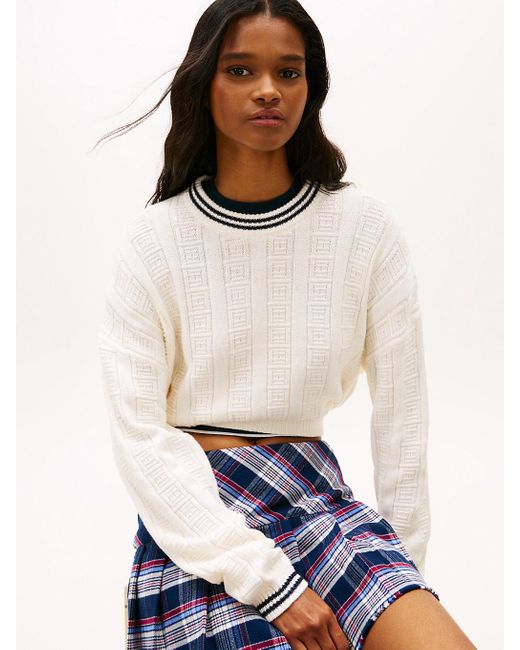 Tommy Hilfiger White S Cotton Cable Pullover Crewneck Sweater With Knit Flag Print